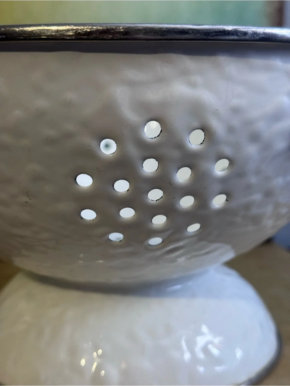 White Enamel Colander with Pedestal and Handles - Rustic Kitchen Strainer